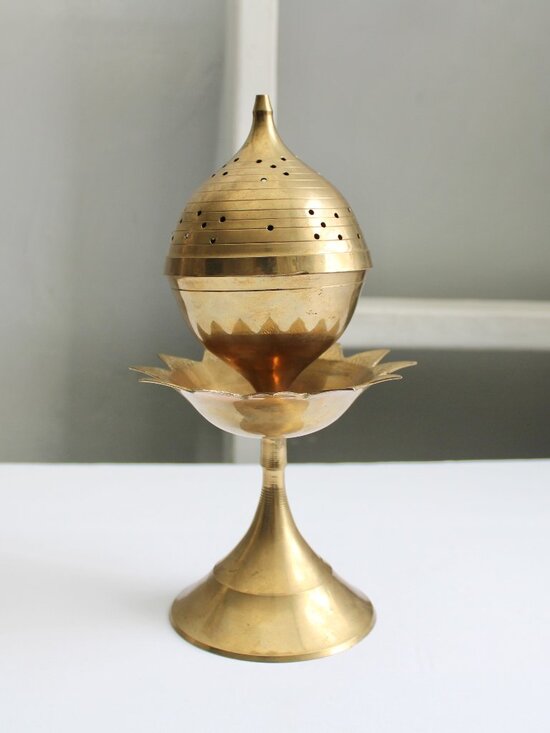 Vintage Other - Vintage Large Gold Brass Lotus Beehive Pedestal Incense Holder Burner